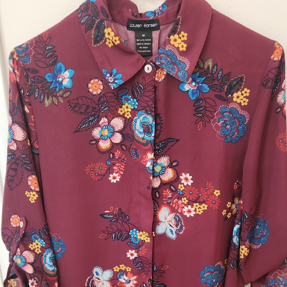 Red and Blue 3/4 Sleeve Button Down Tunic with Peter Pan Collar